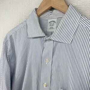 BROOKS BROTHERS Shirt Mens 16.5 34 Slim Fit Dress Striped Non Iron Cotton Blue
